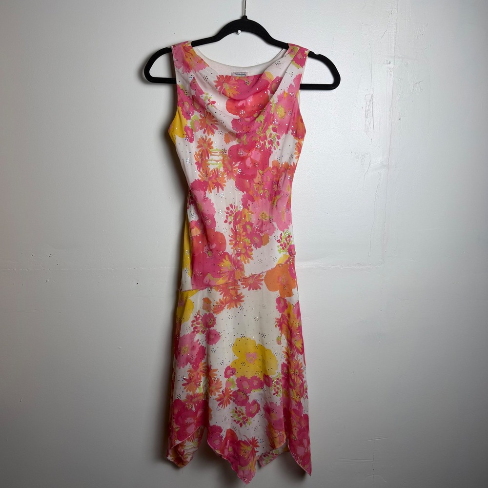 Vtg Y2K Pink Floral Rhinestone Handkerchief Hem Midi Dress Watercolor Fairy Boho